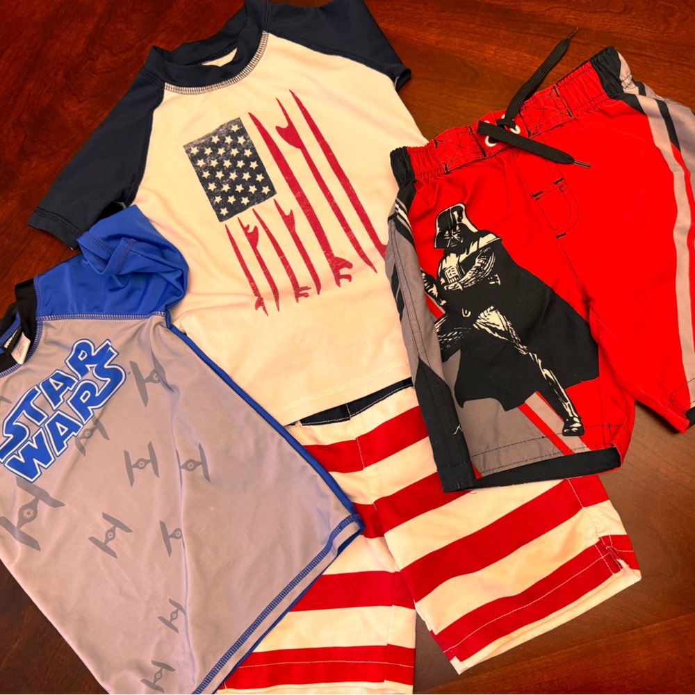 Kids bathing suits; shirts, shorts and hat. American Flag & Star Wars. Size 4T.